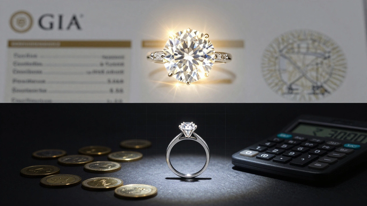 Natural diamond ring with certificate next to lab-grown diamond, symbolizing cost difference