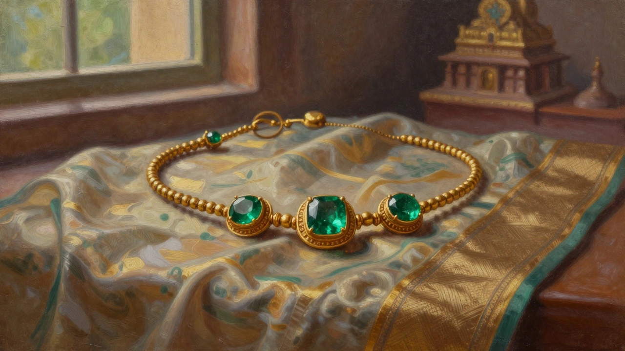 Vintage gold mangalsutra with three emeralds resting on a silk sari, soft natural lighting.