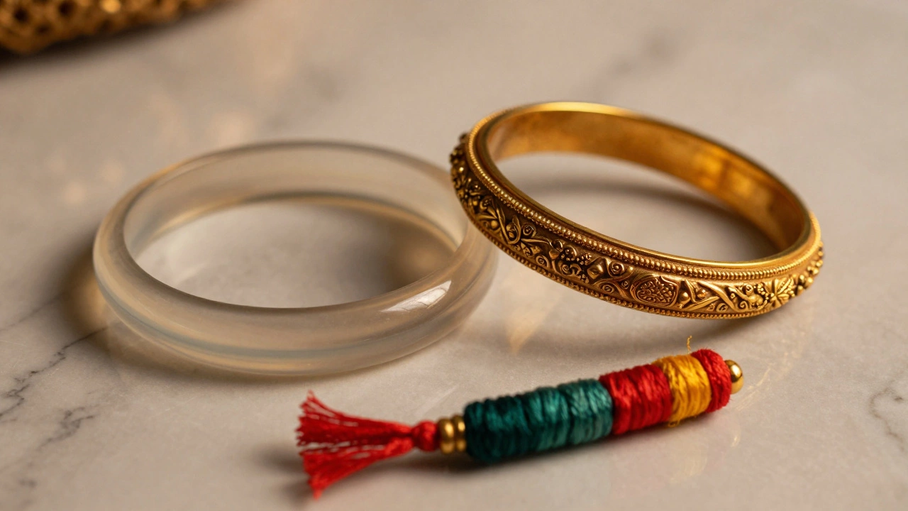 A collection of glass, gold and silk thread bangles on marble