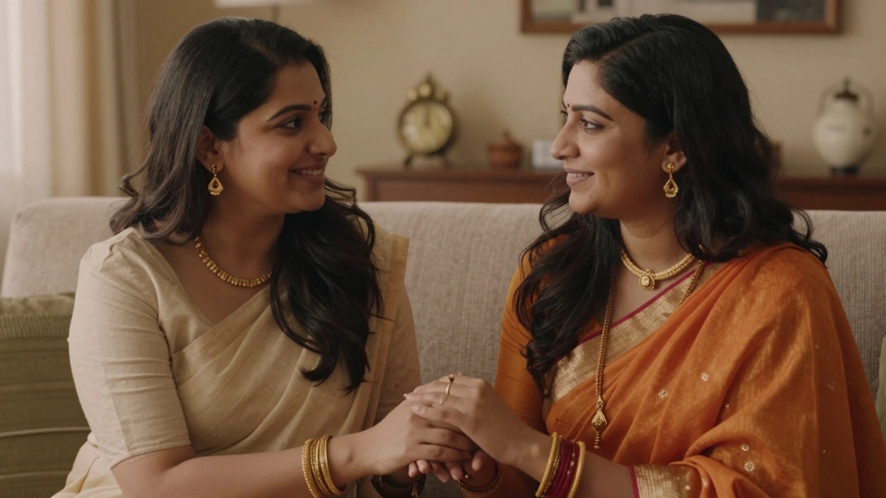 A couple sitting together in a warm living room having a supportive conversation.