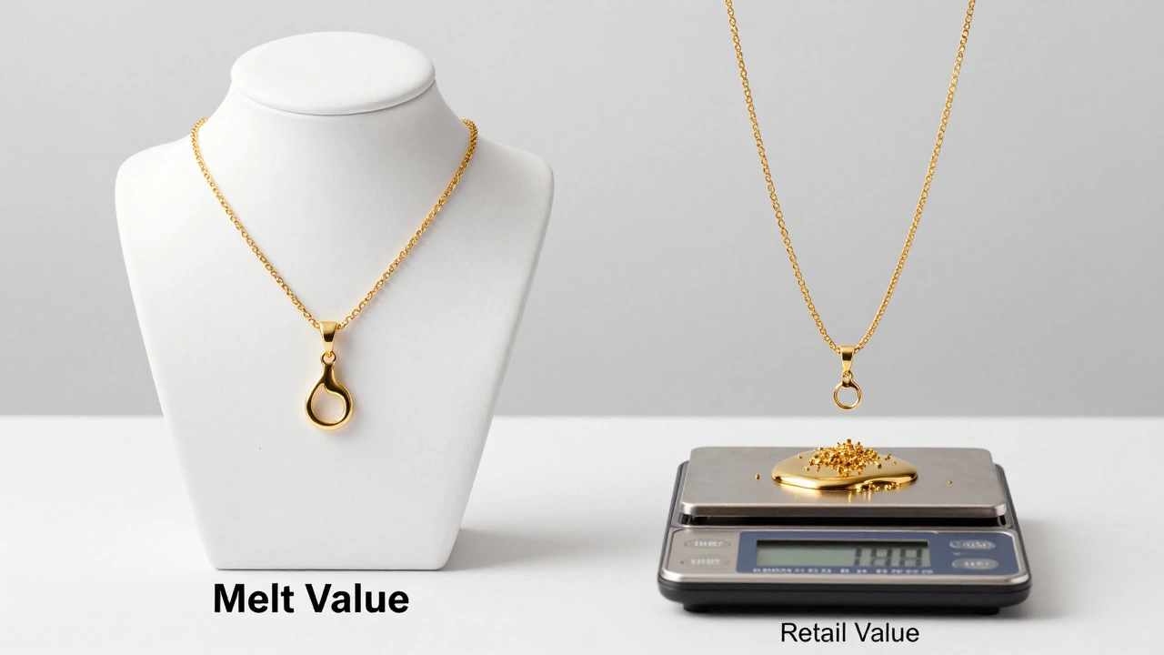 A designer gold necklace contrasted with raw gold grains on a scale