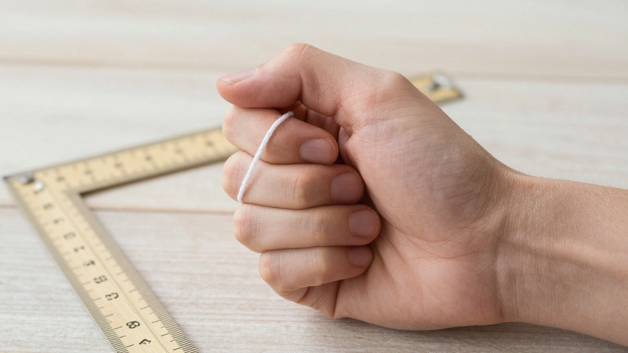 A hand with a string wrapped around the knuckles for measurement