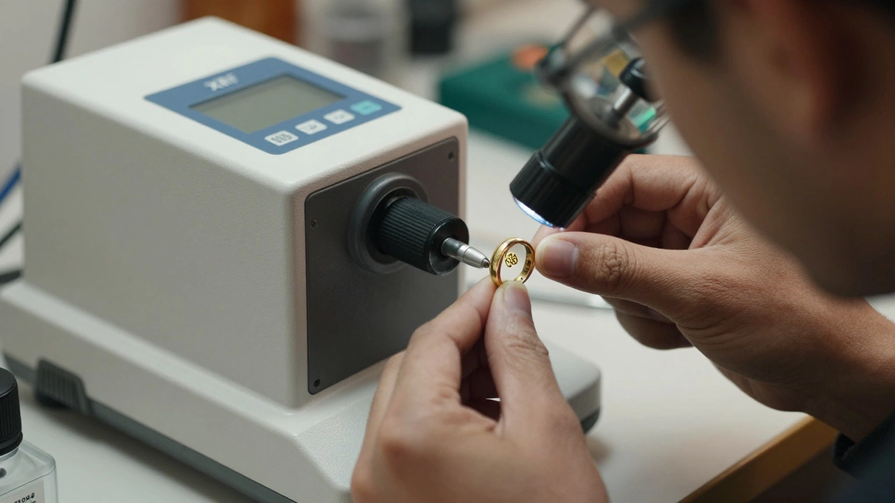 A jeweler using a magnifying loupe to check a gold hallmark stamp