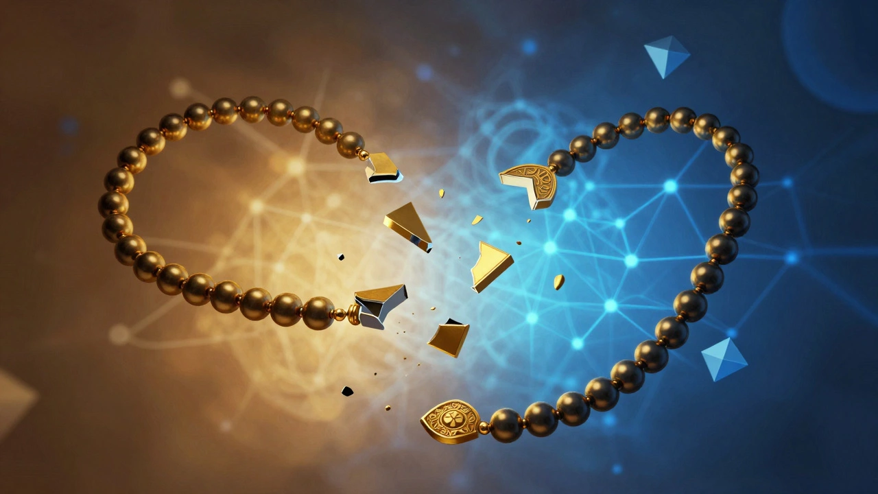 A surreal image of a broken mangalsutra splitting between traditional and psychological themes.