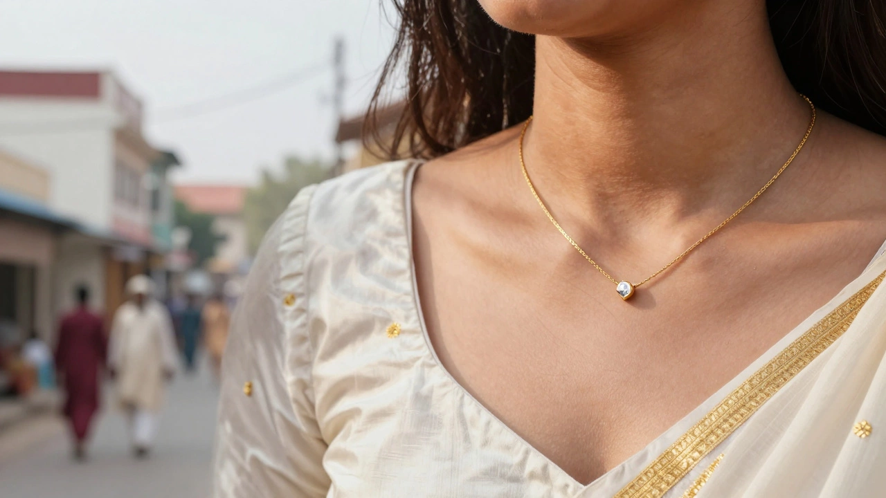 A woman wearing a modern, minimalist mangalsutra with a small diamond pendant.