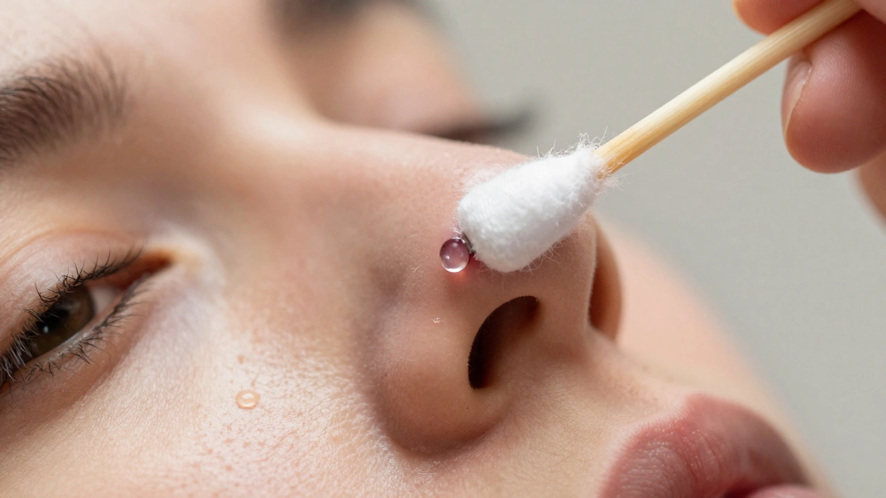 Close-up of a cotton swab cleaning a titanium nose stud with saline solution.