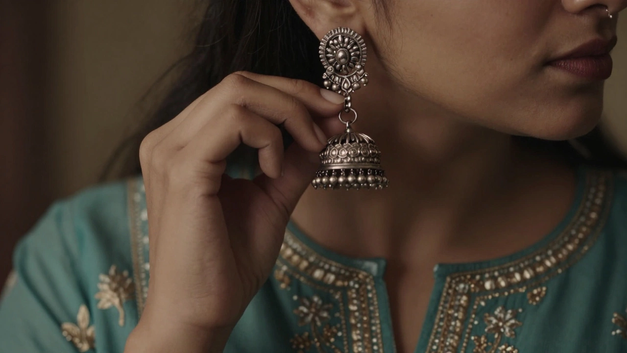 Close-up of traditional silver Jhumka earrings and embroidered Indian fabric.