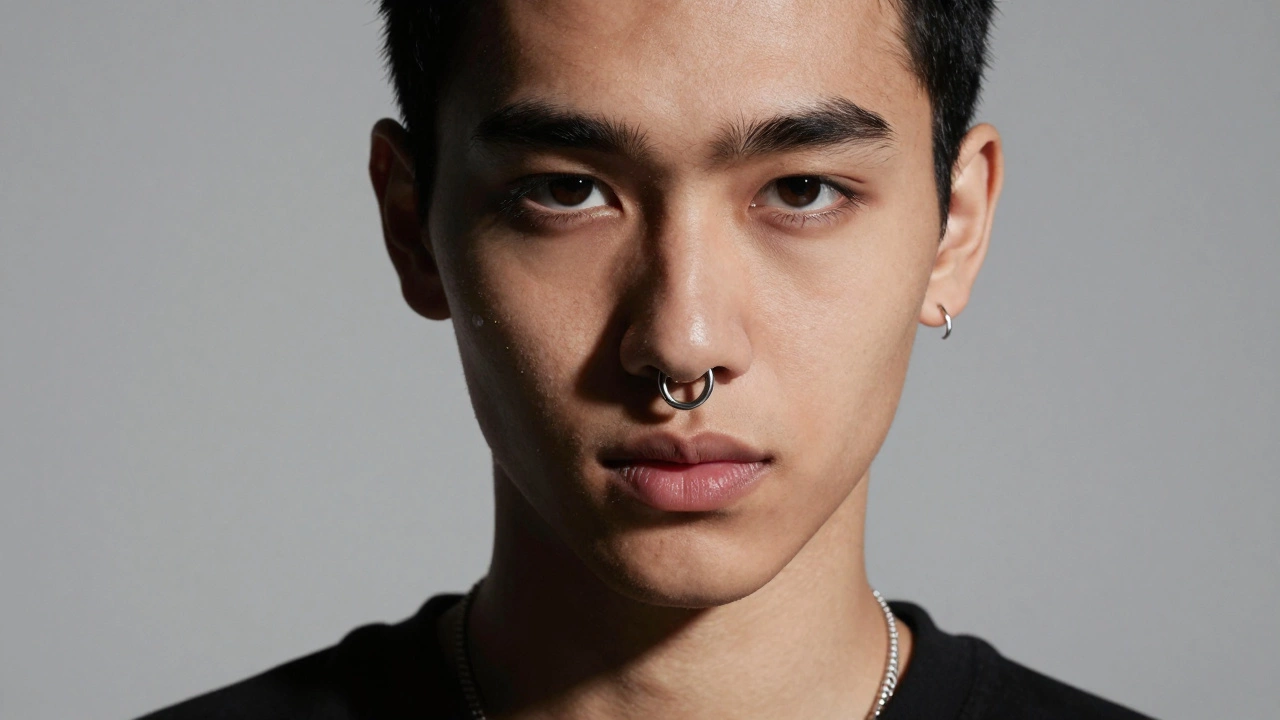 Close-up portrait of a person with a bold silver septum piercing