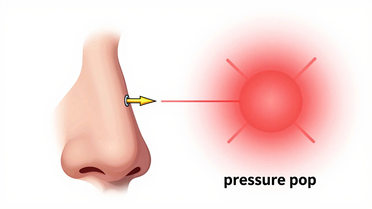 Conceptual illustration comparing the sensations of nostril and septum piercings.
