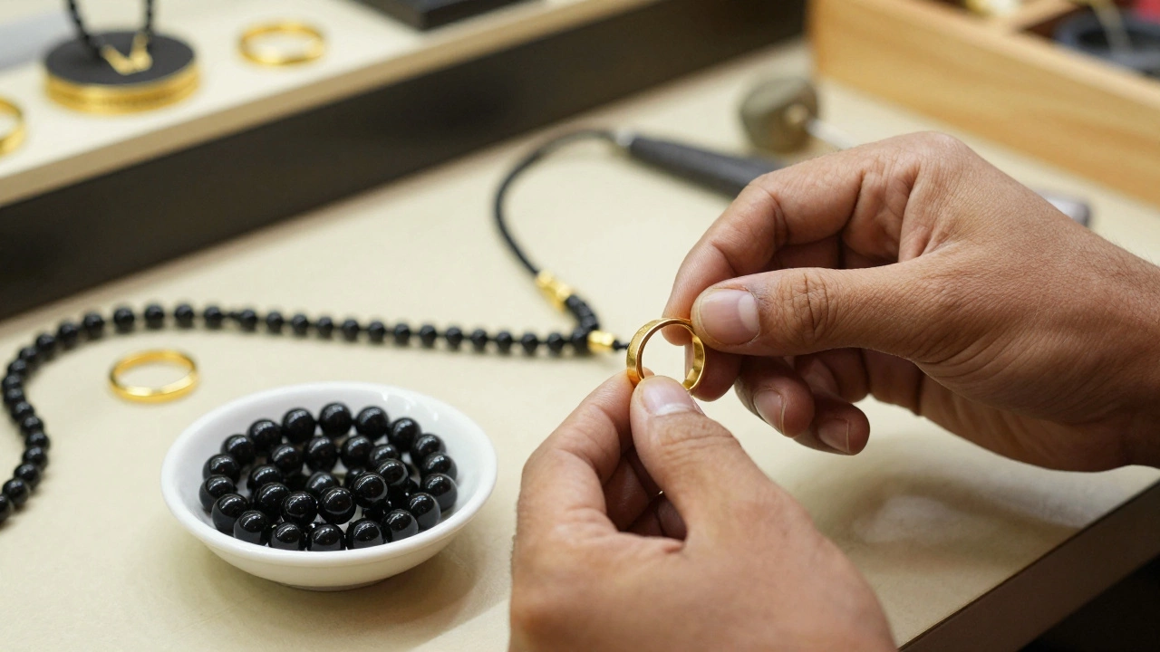 Jeweler's hands repurposing gold from a mangalsutra into a modern ring.