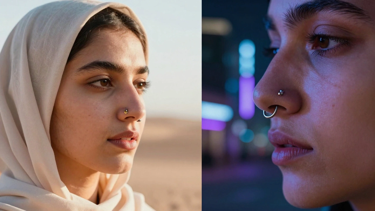 Split image showing a traditional gold nose stud and a modern titanium nose hoop