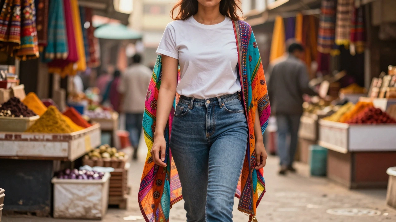 Traveler wearing a colorful dupatta scarf while walking through a busy Indian bazaar.
