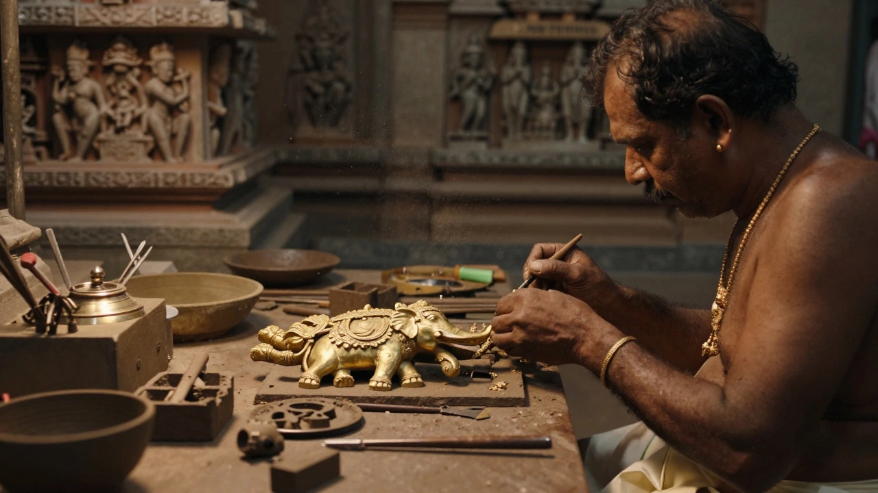 Artisan sculpting wax models for traditional Indian temple jewelry casting