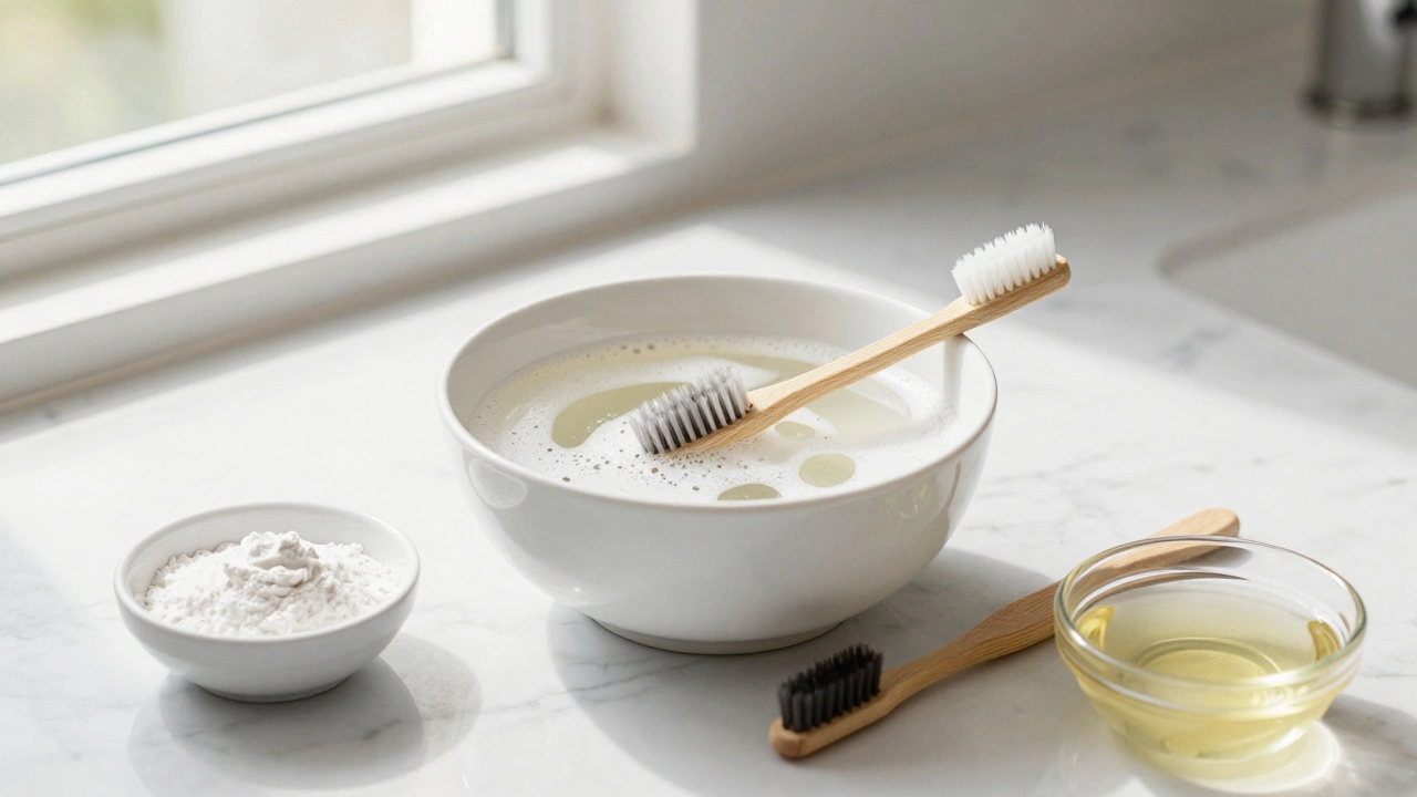 Bowl of soapy water and cleaning supplies for jewelry care