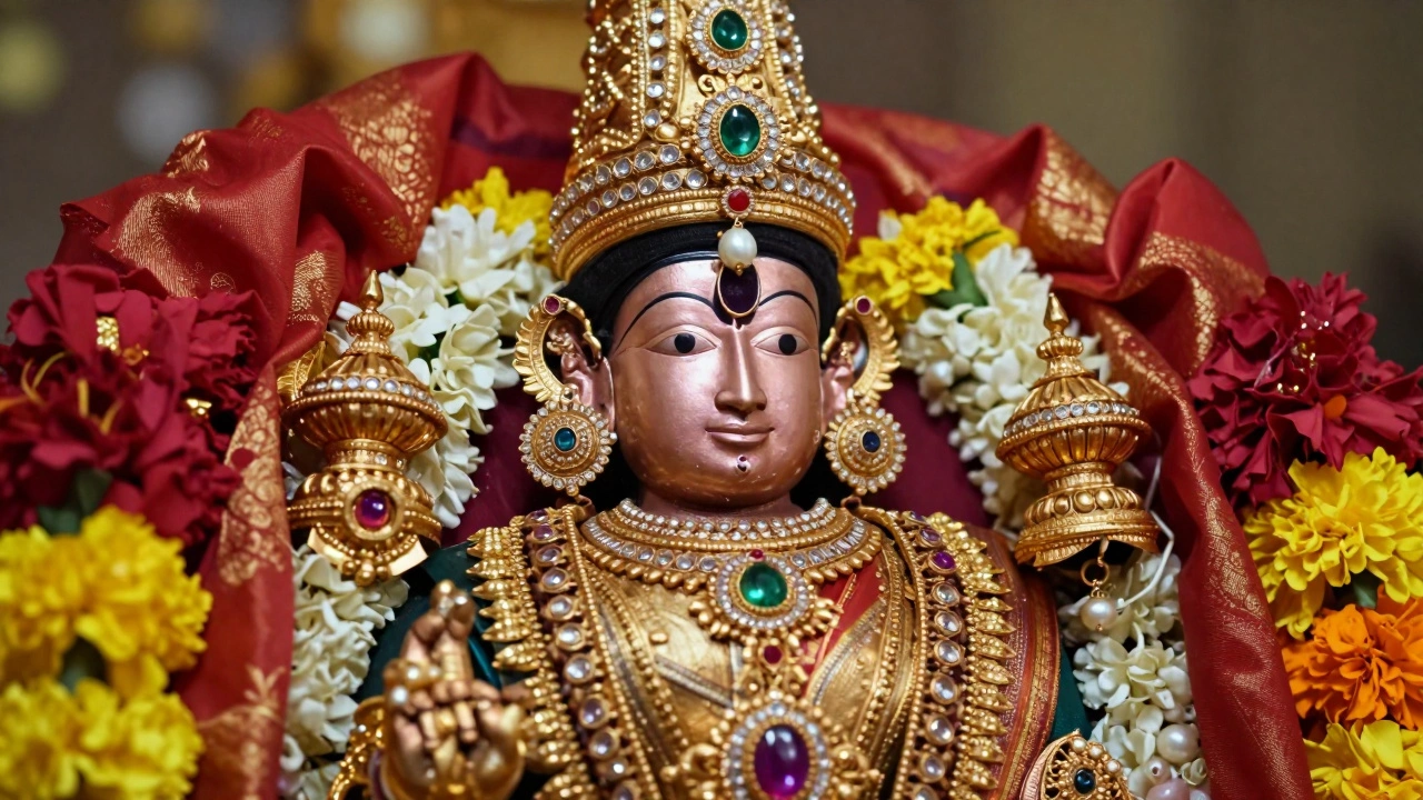 Close-up of intricate gold and gemstone jewelry adorning a Hindu deity statue.