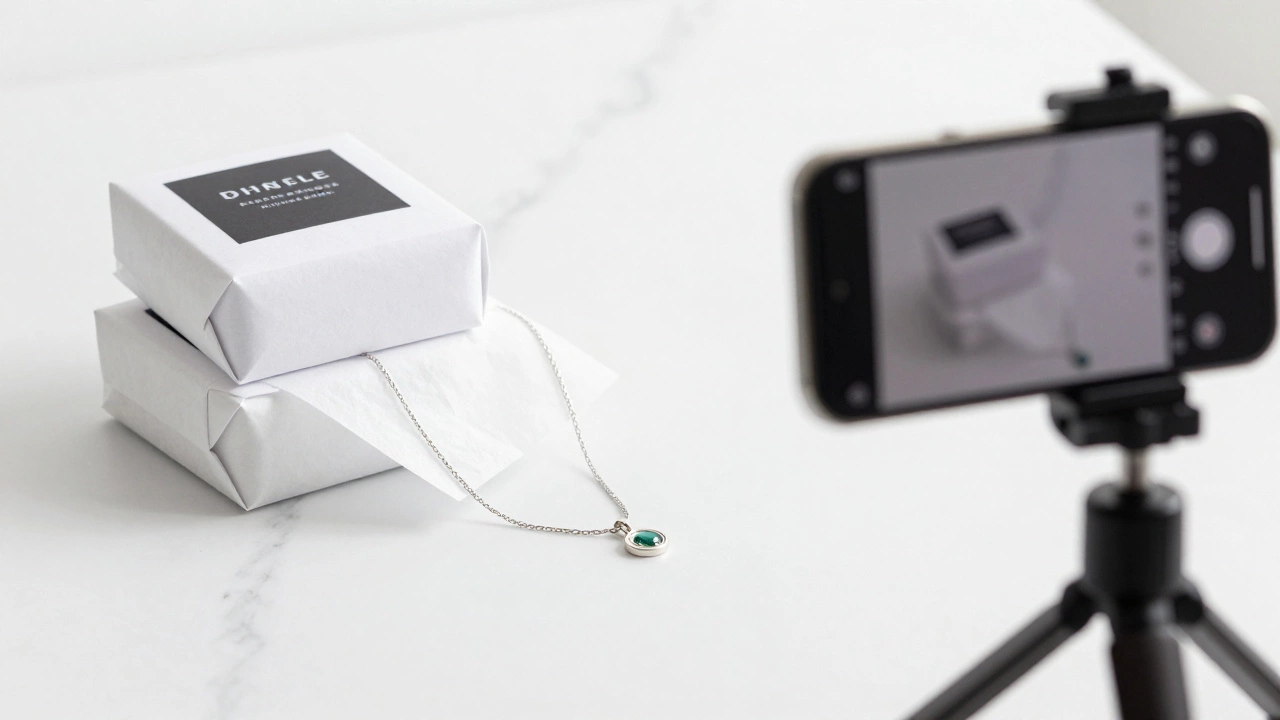Handmade silver necklace on marble with branded packaging boxes