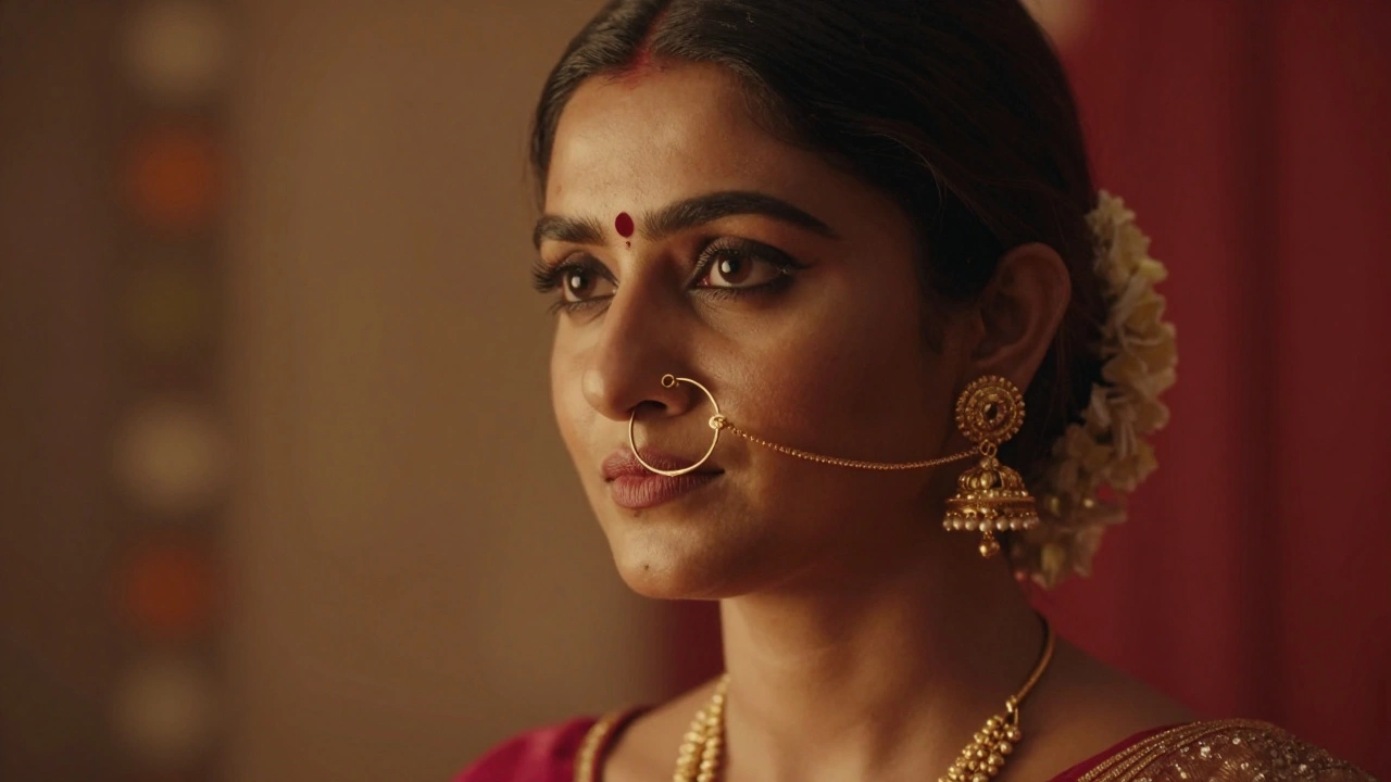 Indian woman wearing a traditional gold Nath nose ring