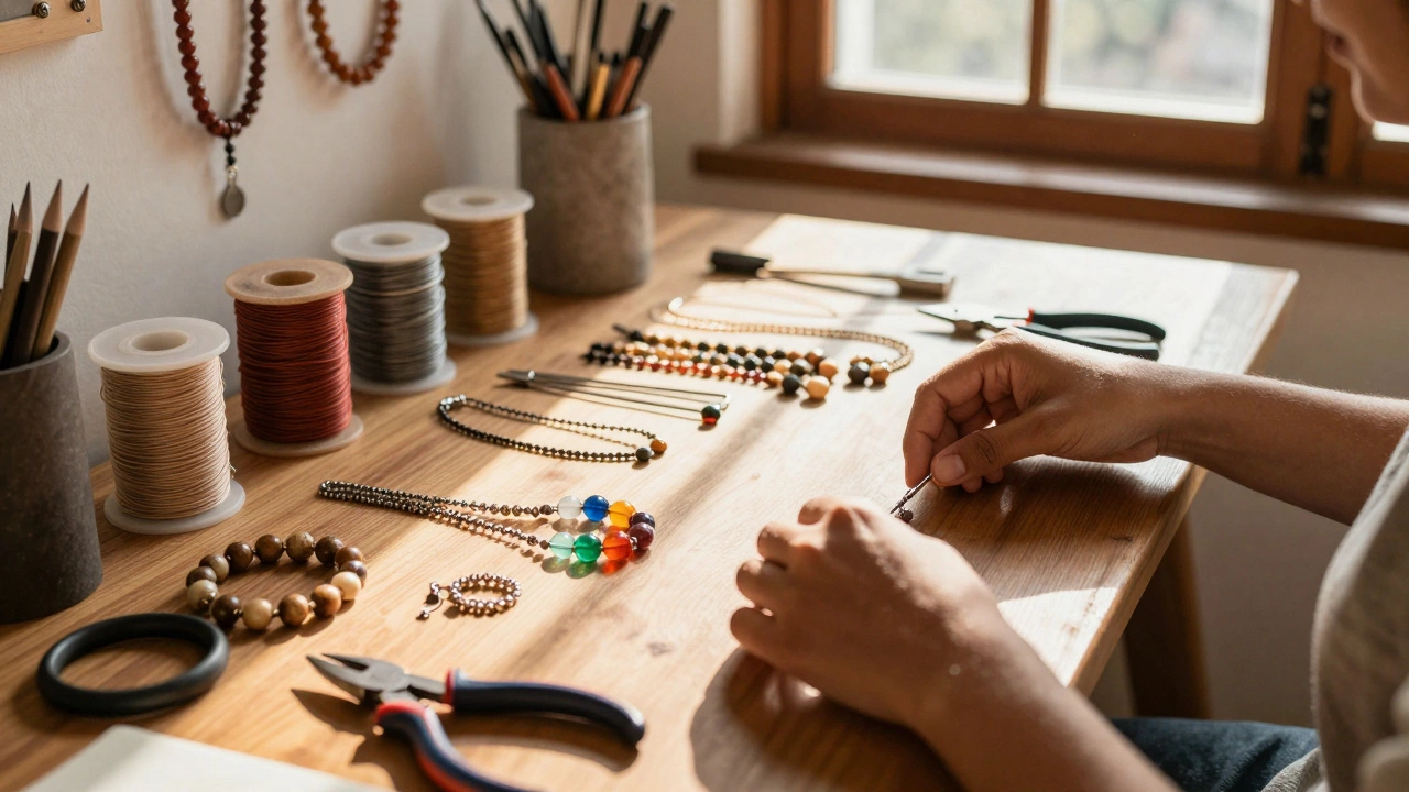 Jewelry making kit with tools and beads on a wooden table