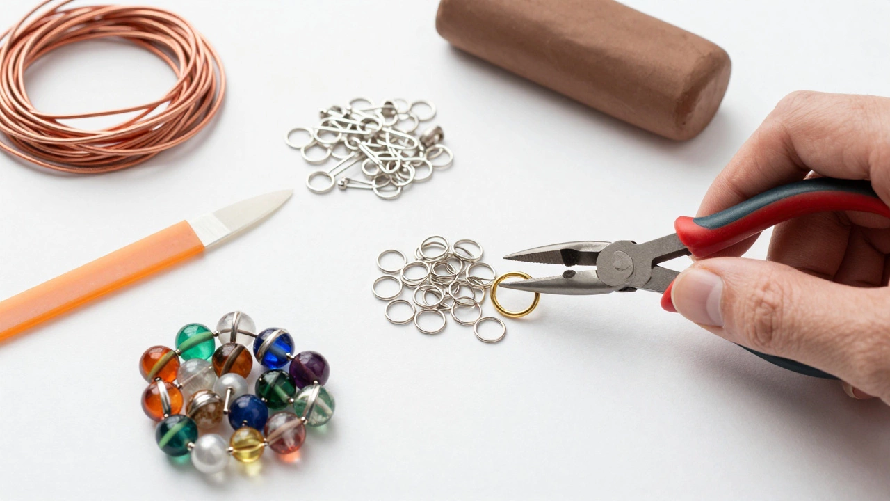 Jewelry materials including beads, wire, and findings on a table