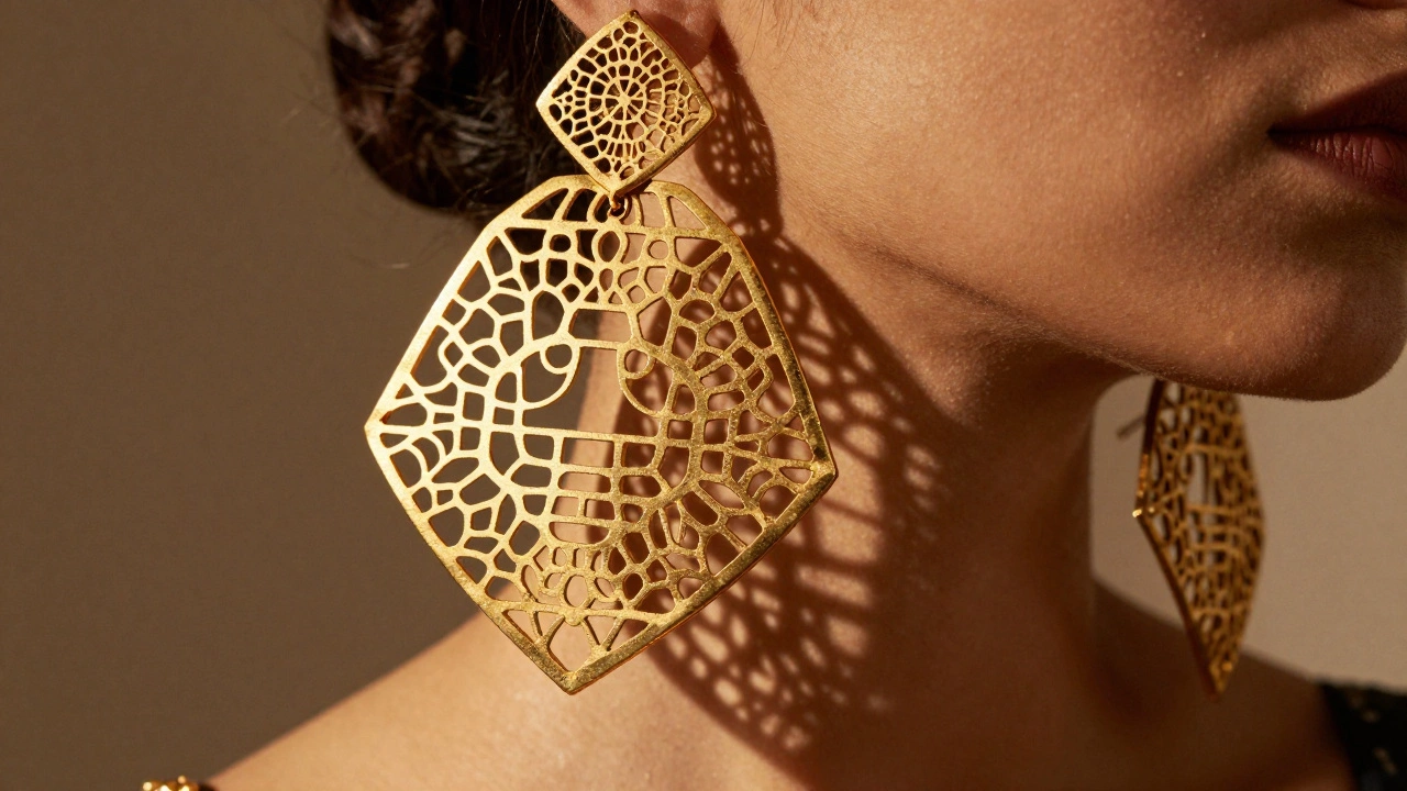 Sculptural open-work gold Chandbali earrings