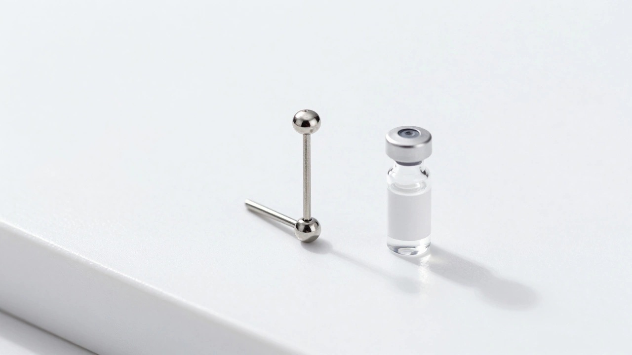 Sleek steel nose stud and titanium vial on a white background
