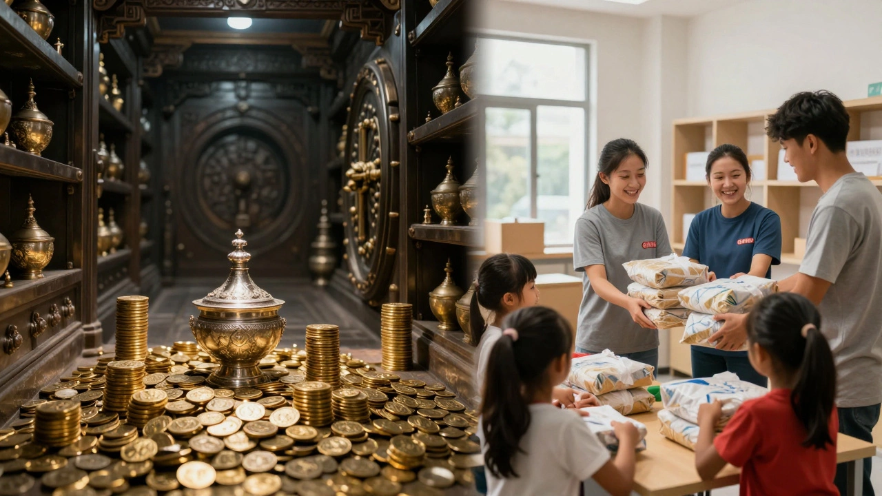 Split image showing temple gold treasures and volunteers distributing aid to communities.