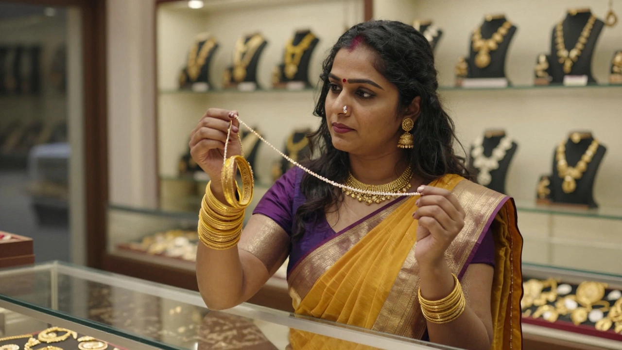 Woman comparing yellow and white gold jewelry in Mumbai store