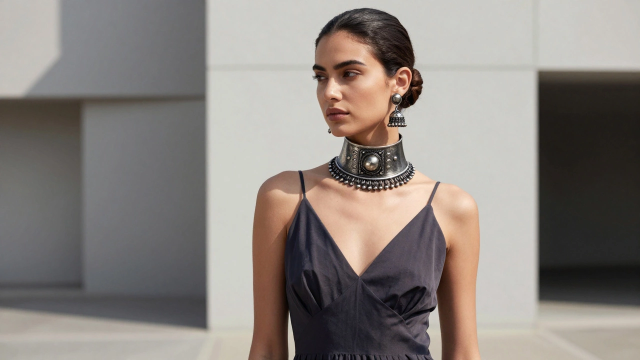 Woman wearing oxidized silver temple choker with a modern western gown