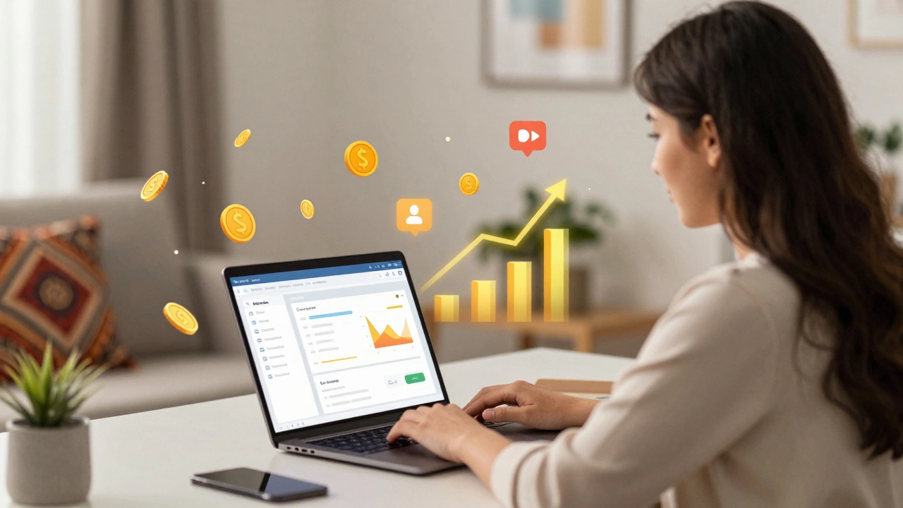 Woman working on laptop with floating coins and growth charts
