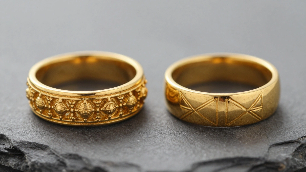 Close-up comparison of 22K Indian gold and 24K Dubai gold rings