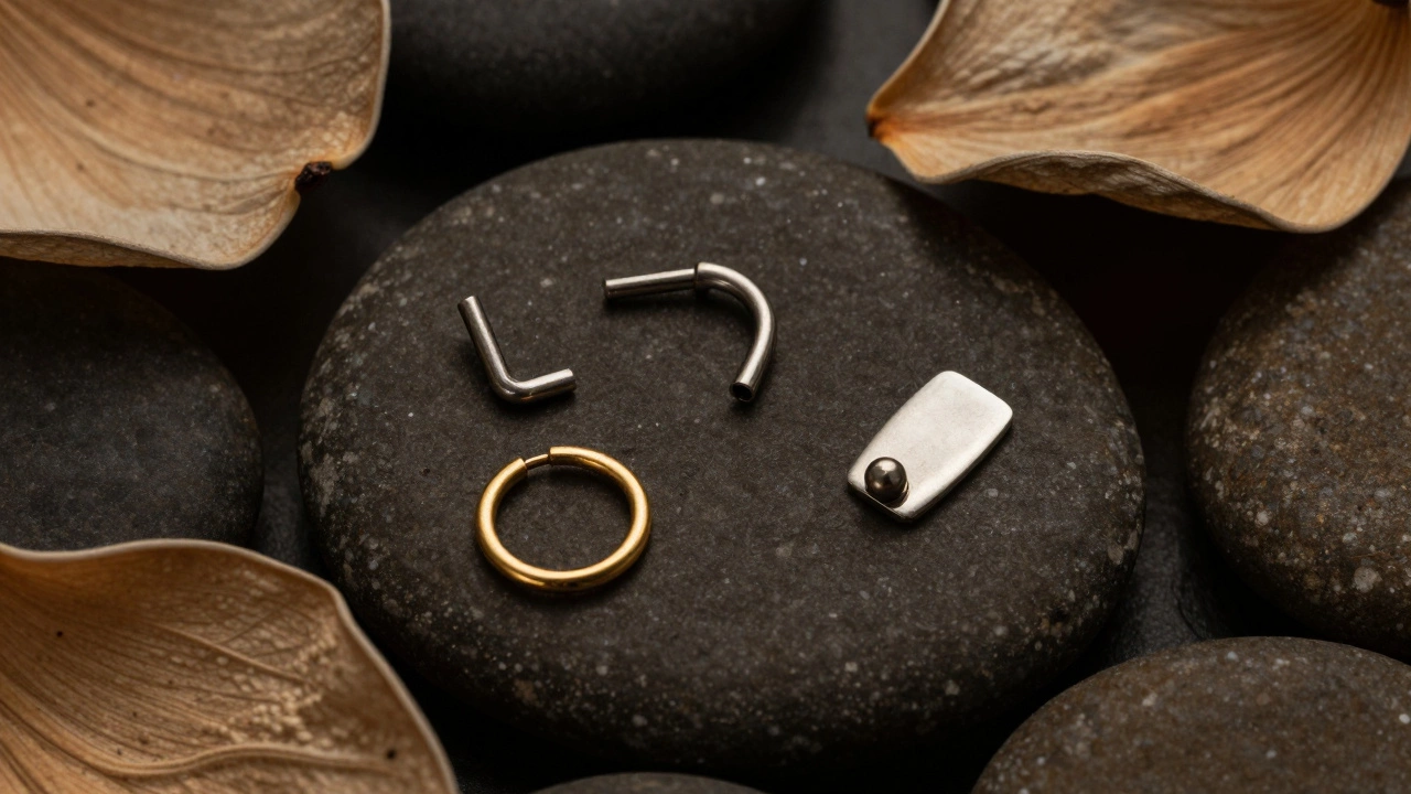 Close-up of various nose jewelry types on stones and lotus petals