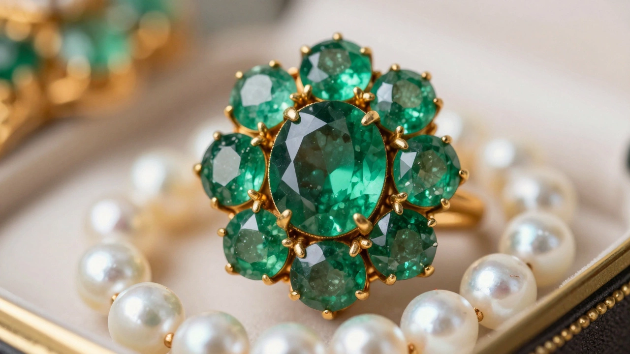 Emeralds and pearls in intricate gold Indian bridal jewelry