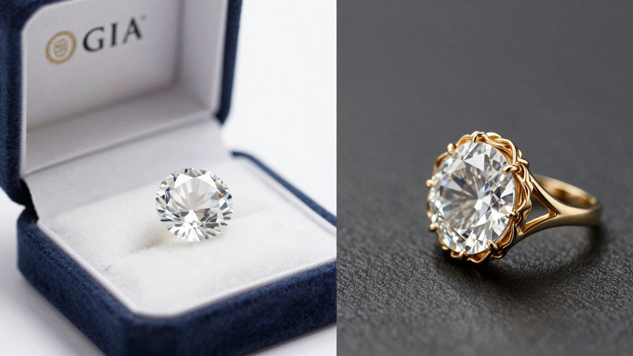 Loose diamond in certificate box versus set diamond in ornate ring
