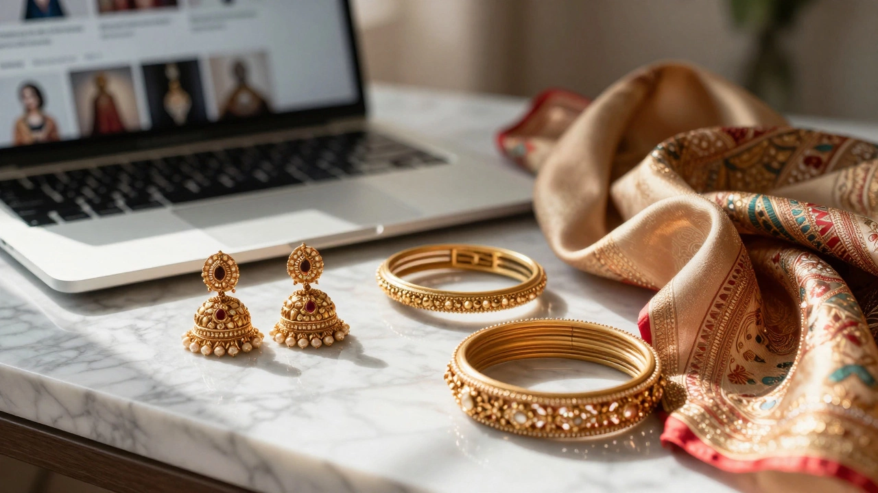 Luxury Indian jewelry and fashion accessories displayed on a marble table