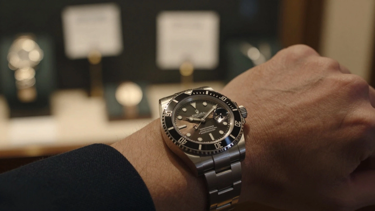 Luxury wristwatch on wrist with blurred auction house background