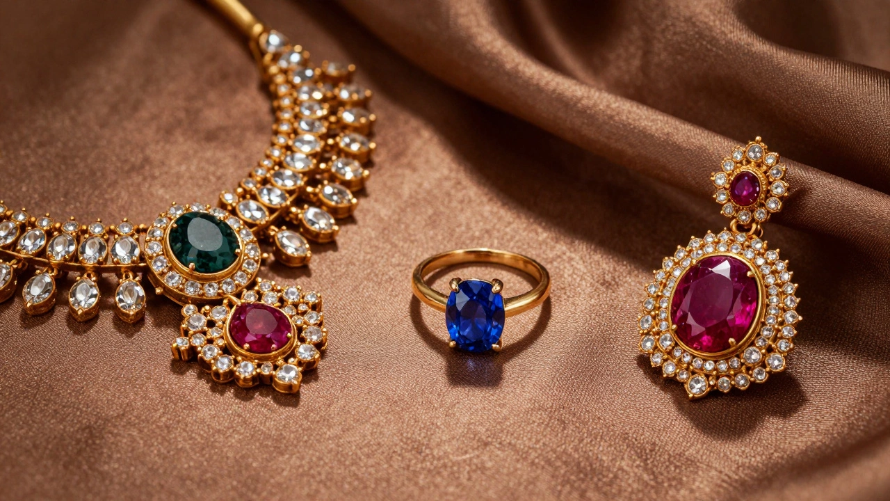 Polki diamonds, sapphire, and ruby representing Indian gem trends