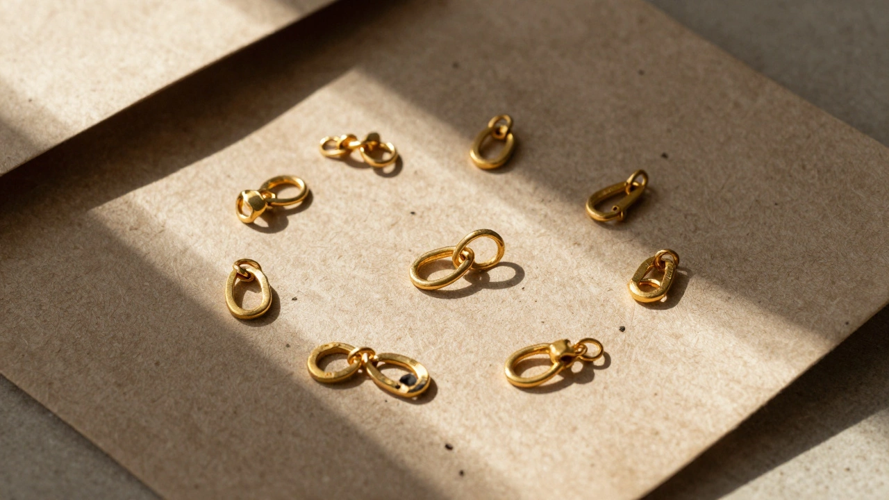 Scattered modular gold charms on recycled textures