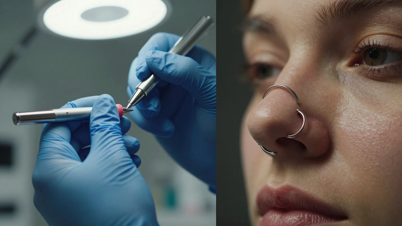 Split view of piercer marking nostril and septum ring being flipped
