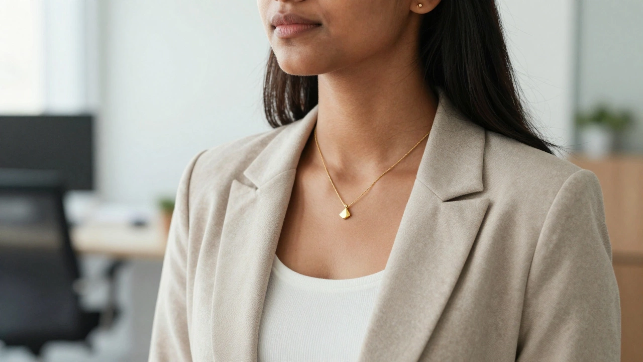 Woman wearing minimalist gold mangalsutra in modern office setting