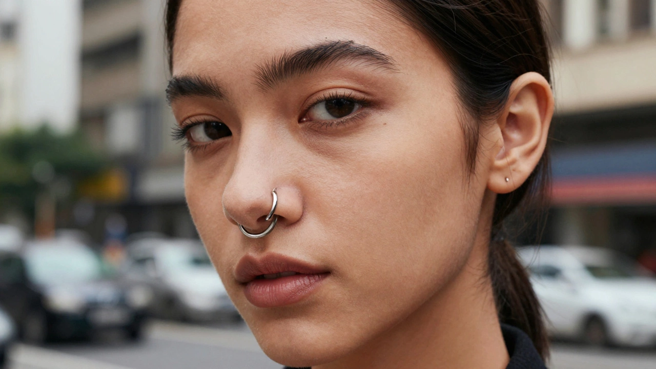 Woman wearing trendy half-hoop nose cuff in modern urban style