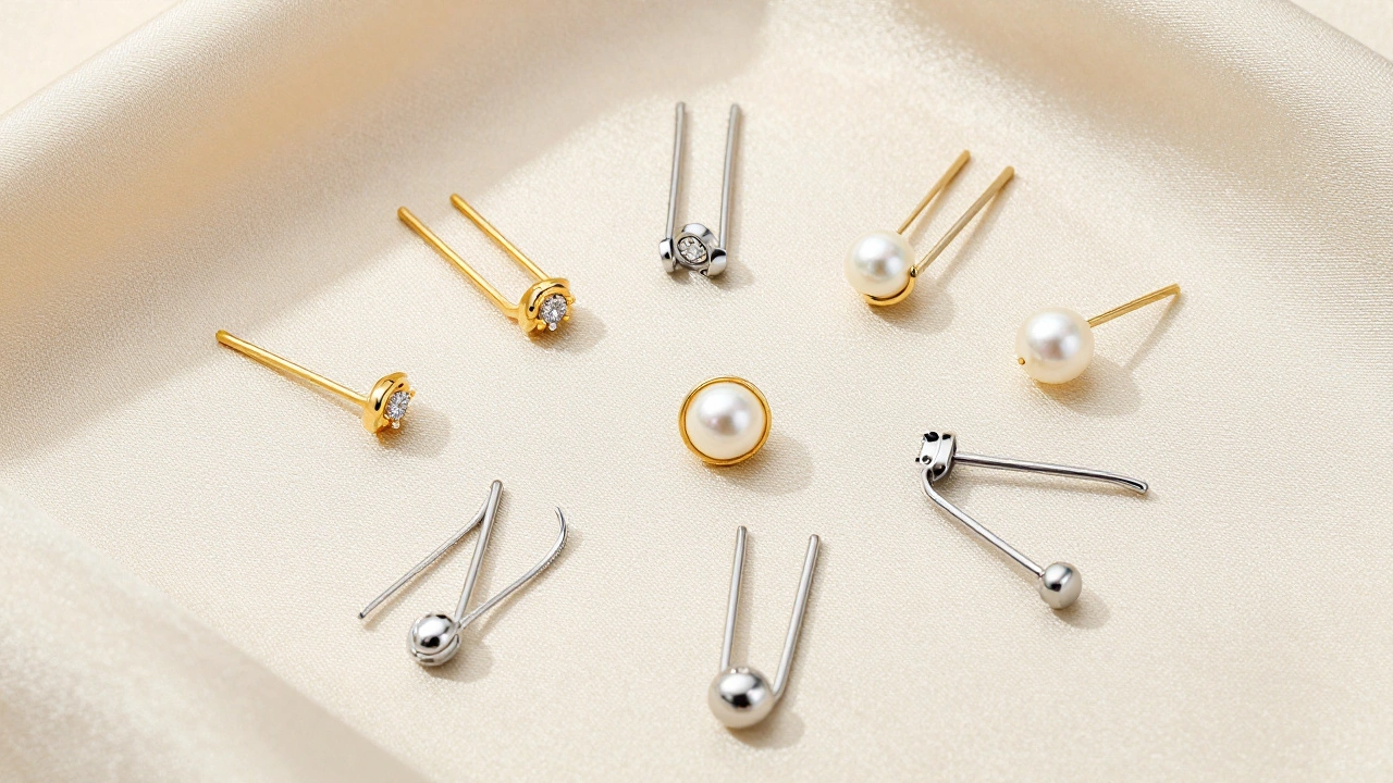 Collection of gold and silver Italian nose pins on silk