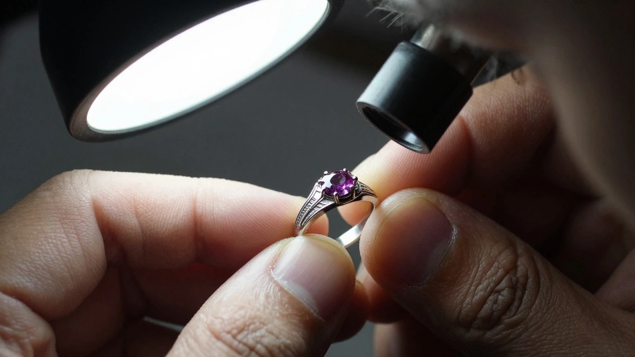 Jeweler inspecting prongs of an antique Art Deco ring under magnification