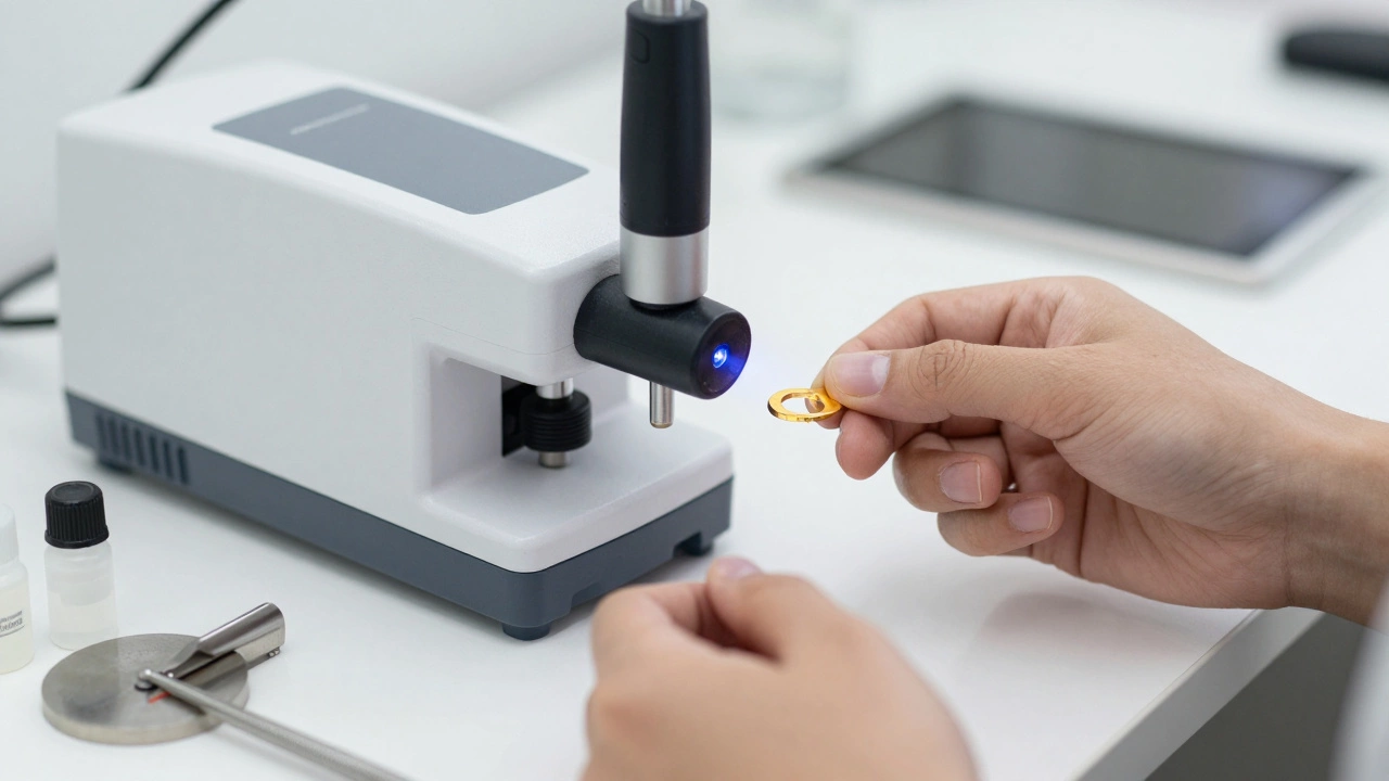 Jeweler using XRF scanner to verify gold authenticity