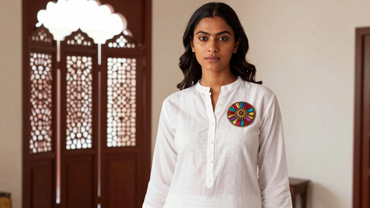 Modern woman wearing a vintage brooch with a contemporary white kurta