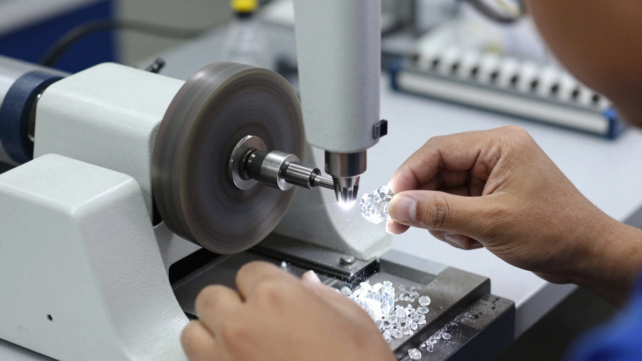 Artisan cutting a diamond with machinery in a Surat polishing workshop