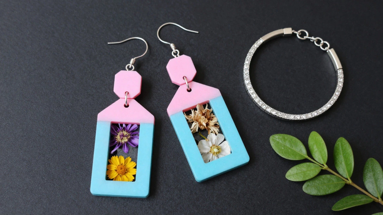 Bold colorful statement earrings and sustainable recycled jewelry on a black background.