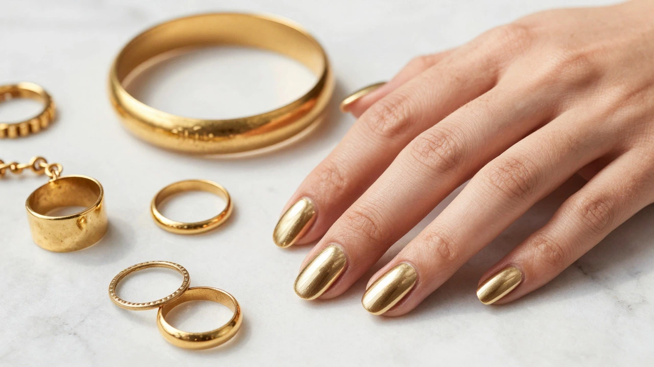 Champagne gold metallic nails beside antique gold jewelry on marble