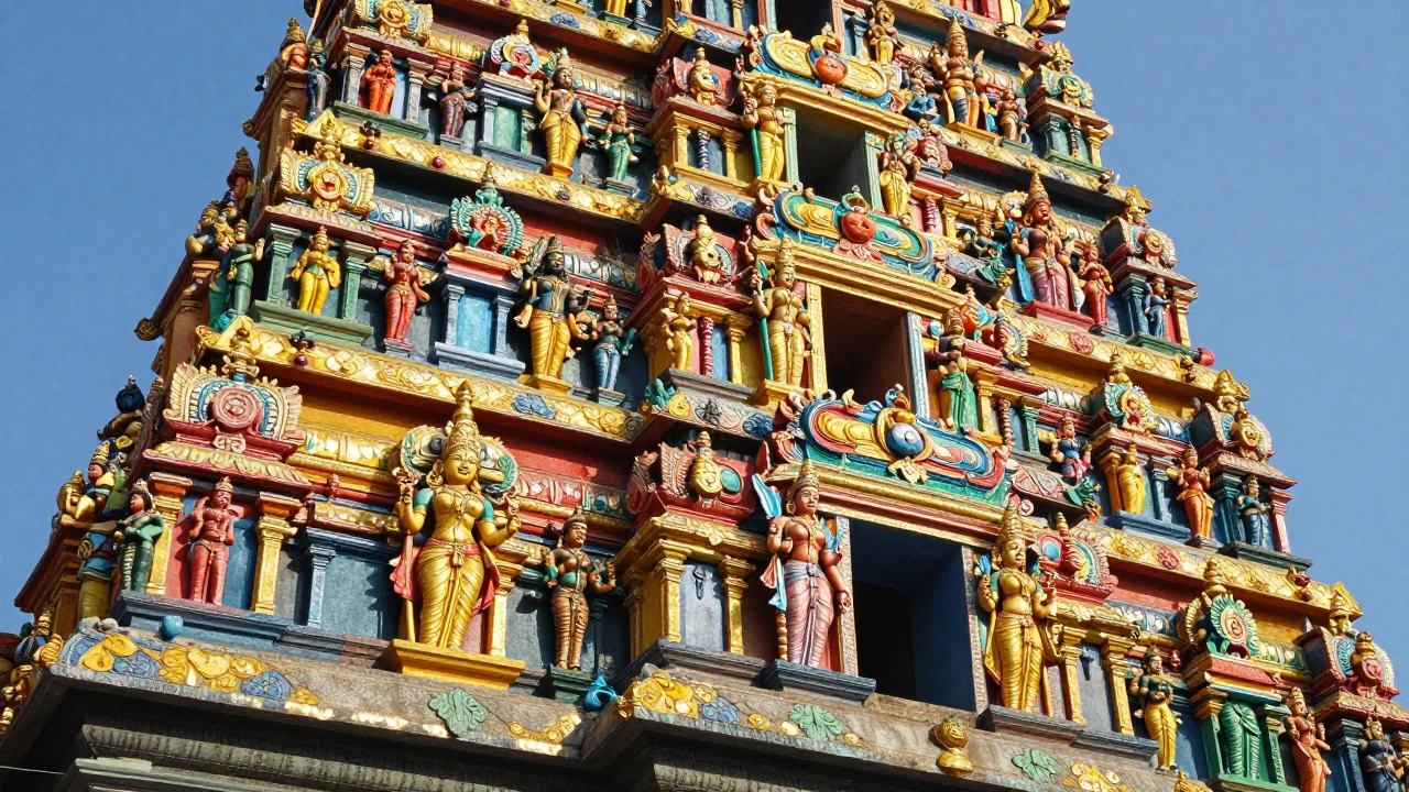 Colorful gilded gopuram tower of Meenakshi Amman Temple in Madurai