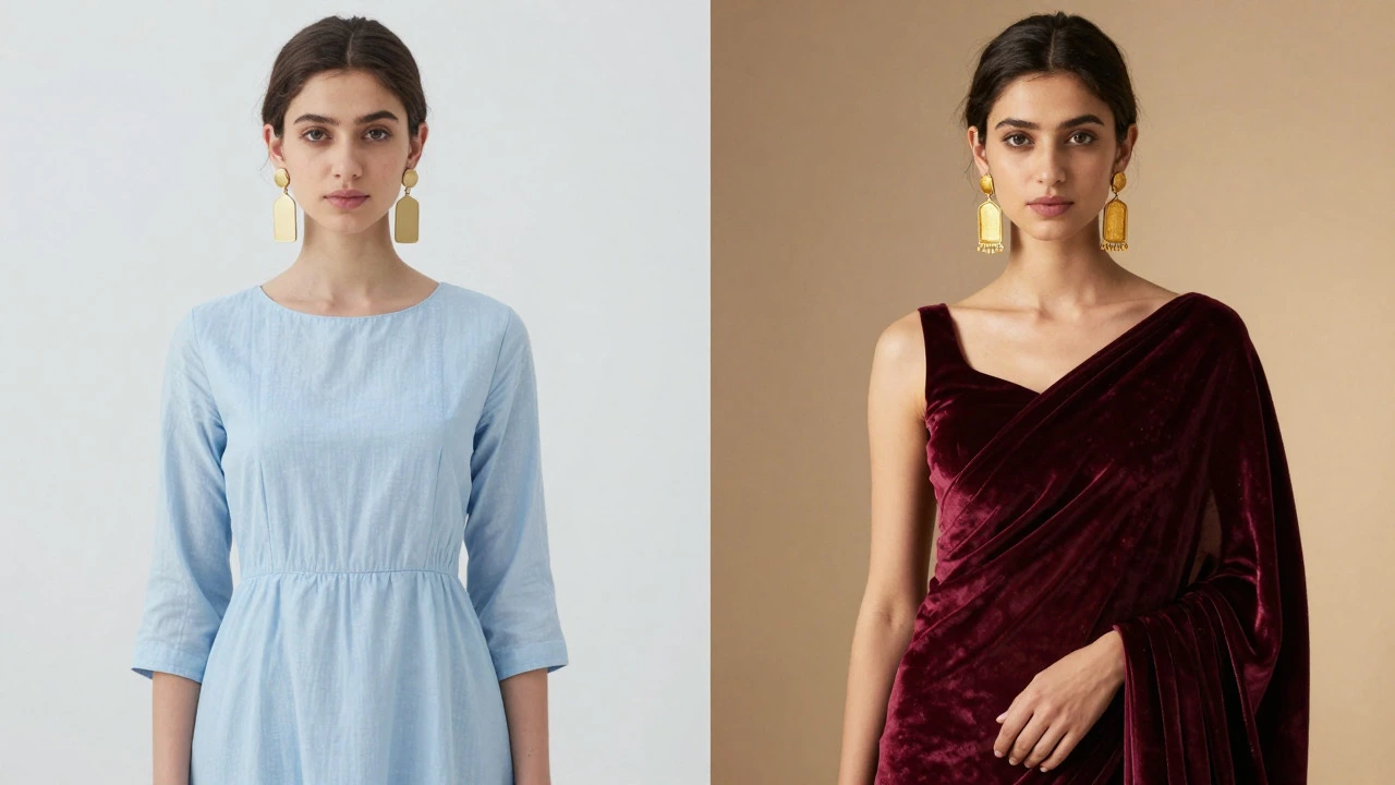Comparison of gold jewelry on icy blue vs burgundy velvet outfits