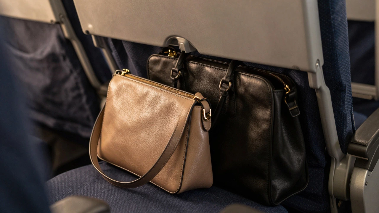 Comparison of slim vs bulky purses fitting under airplane seat